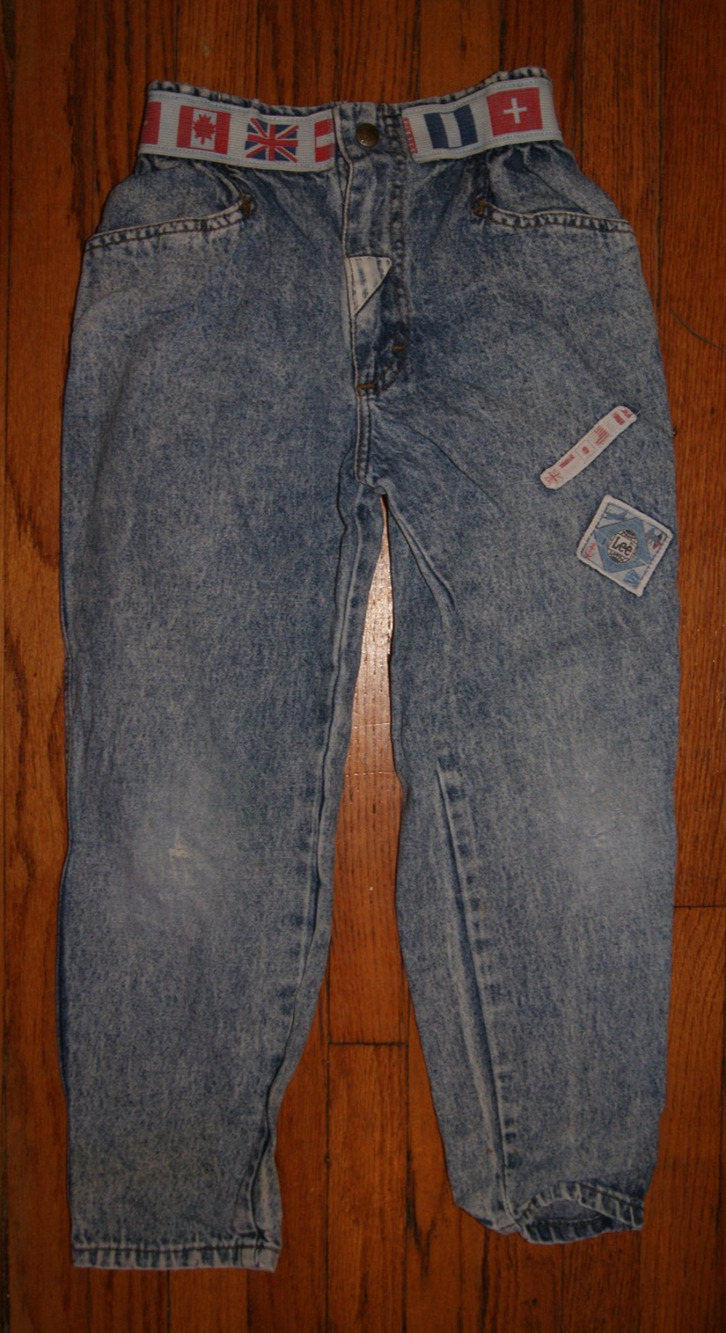 Vintage 90s Lee Jeans Youth Sz 8 World Flags Patches Elastic Waist Acid Wash USA